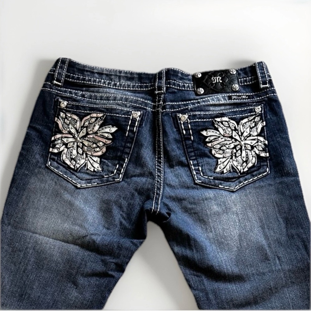 Miss Me Bootcut Jeans 31 Blue Embellished Butterfly Flap Pocket Stretch Denim